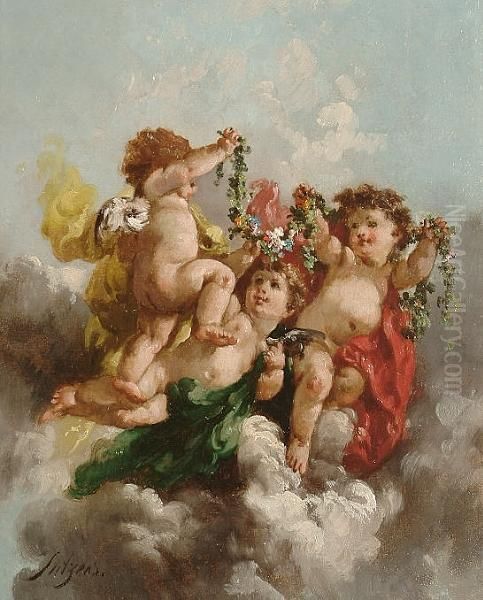 Putti Bearing Garlands Of Flowers Amongst Clouds Oil Painting by Charles Augustus Henry Lutyens