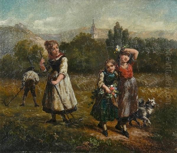 Children With Flowers In The Harvest Field Oil Painting by Charles Augustus Henry Lutyens