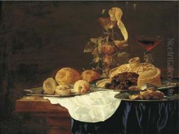 And A Glass Of Red Wine On A Partly-draped Table Oil Painting by Carstiaen Luyckx