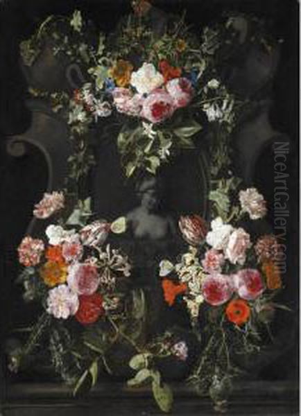 Female Stone Bust Set In A Stone
 Cartouche Surrounded By A Garland Of Flowers 
Including Roses Parrot Tulips Roses A Poppy And 
Thistles Oil Painting by Carstiaen Luyckx