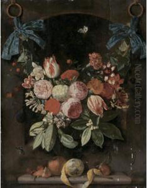 A Festoon Of Flowers Suspended 
By Blue Ribbons Before A Niche, With A Peeled Lemon, Cherries, An Orange
 And A Plum Resting On A Ledge Below Oil Painting by Carstiaen Luyckx