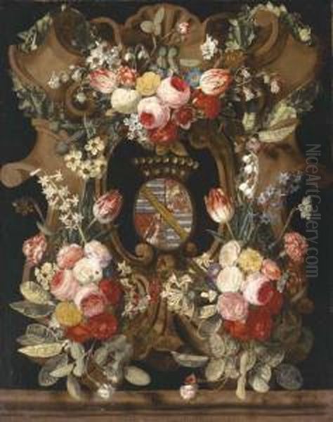 A Garland Of Roses, Carnations, 
Snowdrops, Honeysuckle, Morningglory And Other Flowers Around A Stone 
Cartouche With Acoat-of-arms Oil Painting by Carstiaen Luyckx