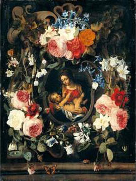 A Still Life Of A Garland Of 
Flowers With The Virgin And Child Set Within A Stone Cartouche Oil Painting by Carstiaen Luyckx