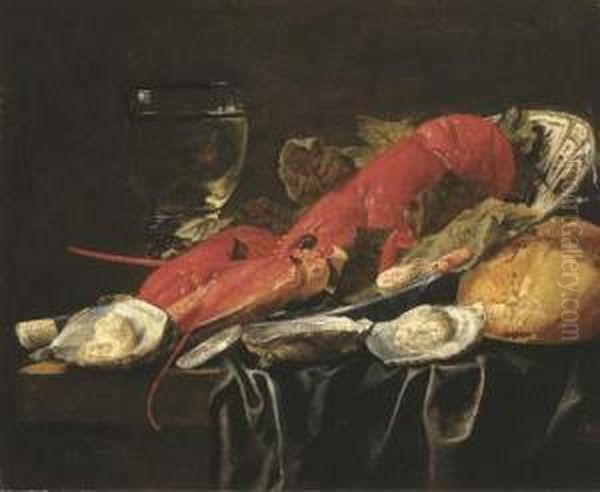 A Lobster, Shrimps And Vine Leaves In A Wanli 'kraak' Porcelein Bowl Oil Painting by Carstiaen Luyckx