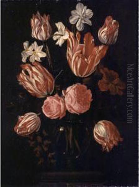 Still Life Of Tulips, Roses And Other Flowers In A Vase Oil Painting by Carstiaen Luyckx