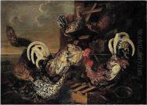 Farmyard Scene With A Fox Attacking Bantams Oil Painting by Carstiaen Luyckx