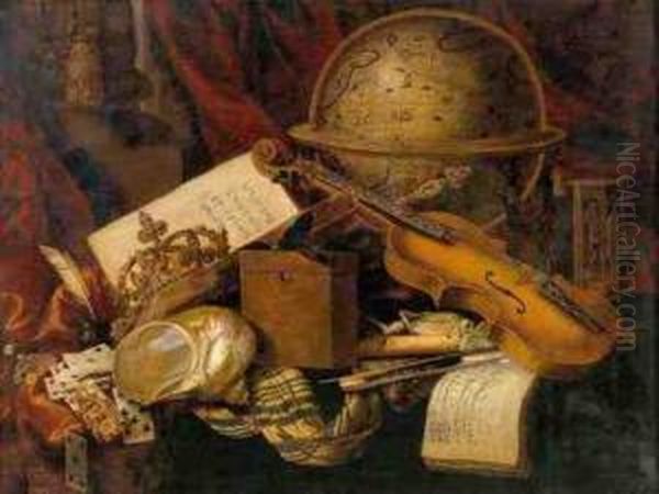 A Still Life With A Nautilus 
Shell, Playing Cards, A Crown, A Violin, A Globe And Other Objects 
Resting On A Draped Table Oil Painting by Carstiaen Luyckx