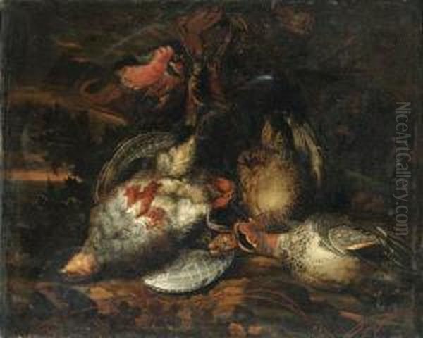 Partridge, A Brace Of Teal, A 
Bullfinch, A Goldfinch, A Bluetit Andother Dead Birds In A Landscape Oil Painting by Carstiaen Luyckx