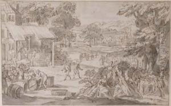 An Extensive Landscape With An Elegant Company Watching The Gathering Of The Vintage by Jan Luyken