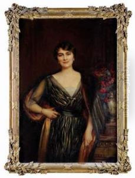 Portrait De Femme Devant Un Bouquet De Fleurs Oil Painting by Albert Lynch