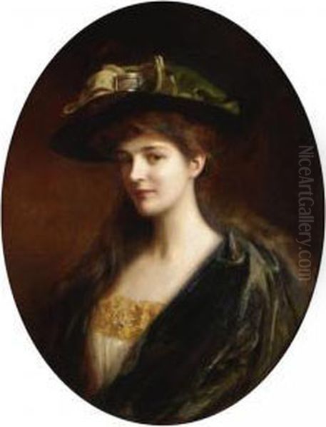 Portrait Of A Lady Wearing A Green Hat Oil Painting by Albert Lynch