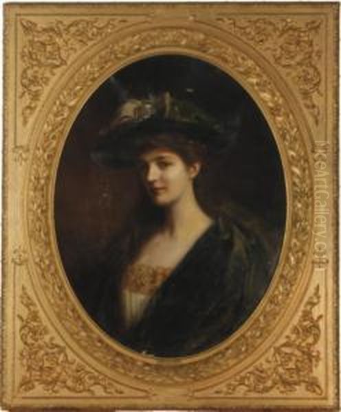 Portrait Of A Young Beauty In A Green Hat And Robe Oil Painting by Albert Lynch