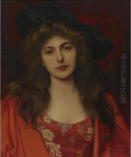 Red Brocade Oil Painting by Albert Lynch