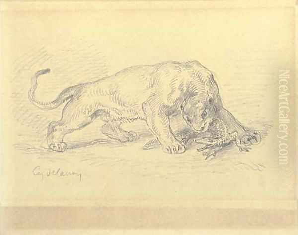 A lioness attacking a crocodile Oil Painting by Eugene Delacroix