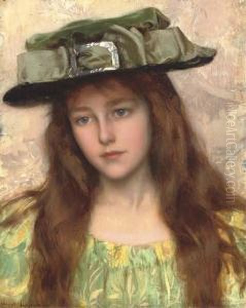 A Young Beauty In A Green Hat Oil Painting by Albert Lynch