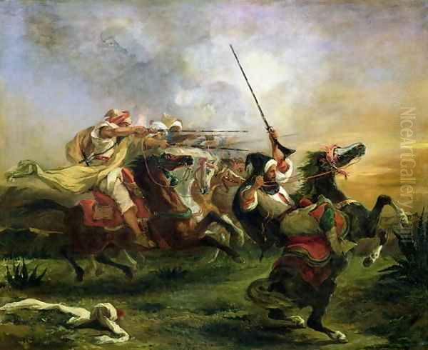 Moroccan horsemen in military action 1832 Oil Painting by Eugene Delacroix