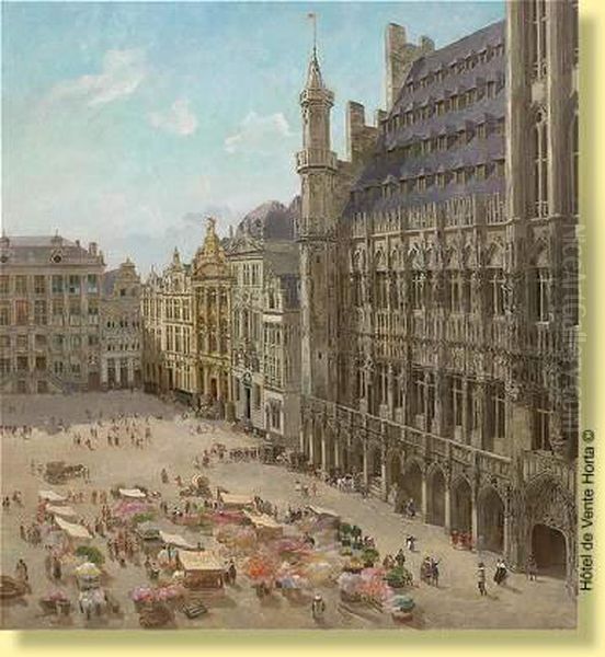 Marche Aux Fleurs A La Grand Place De Bruxelles Oil Painting by Amedee Ernest Lynen