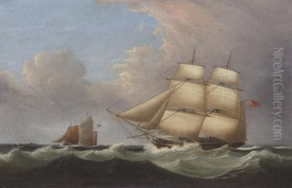 British Naval Brig Chasing A Dutch Lugger Oil Painting by John Lynn