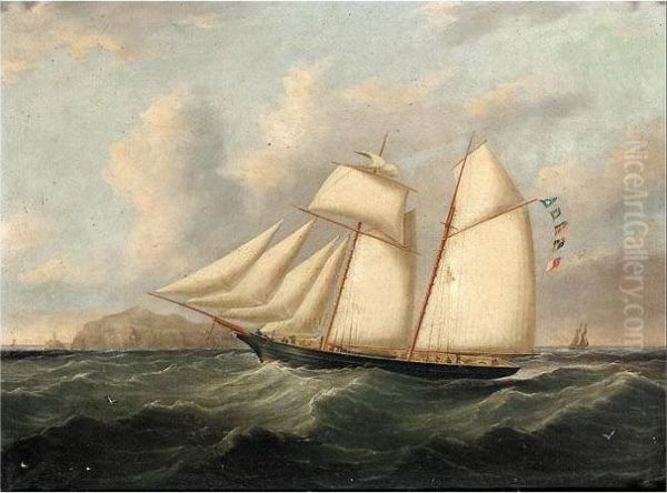 Topsail Schooner Off The Coast Oil Painting by John Lynn