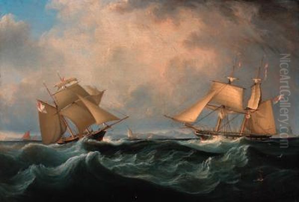 Lord Belfast's Yachts Emily And Waterwich In The Straits Ofgibraltar Oil Painting by John Lynn