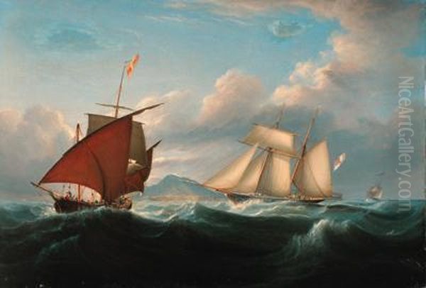 Lord Belfast's Yacht Emily Off The Mediterranean Coast With A Xebecoff Her Port Bow Oil Painting by John Lynn