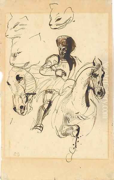 A man in armour on horseback, with studies of a horse's head and cats' heads Oil Painting by Eugene Delacroix