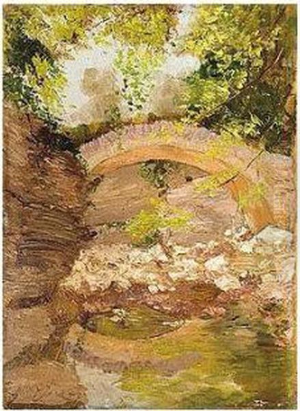 A Woodland Bridge Oil Painting by Nicholaos Lytras