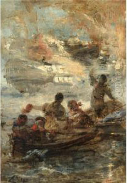 The Sinking Of The Turkish Flagship By Kanaris Oil Painting by Nikoforos Lytras