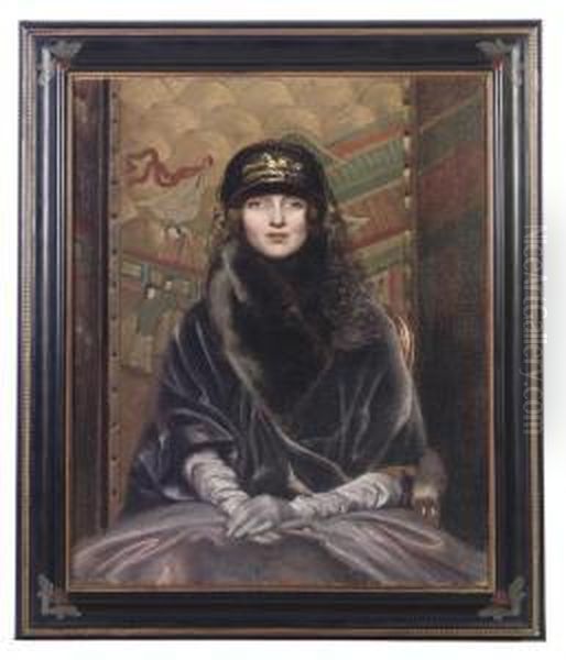 Portrait Of A Lady, Seated 
Half-length, In A Deep Purple Velvetcoat Before A Chinoiserie Screen by Neville Stephen Lytton