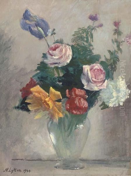 Iris, Carnation And Roses In A Glass Vase Oil Painting by Neville Stephen Lytton