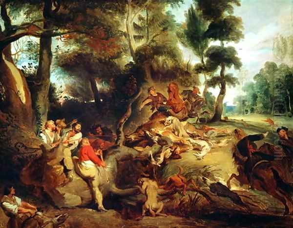 The Wild Boar Hunt after a painting by Rubens 1840 50 Oil Painting by Eugene Delacroix