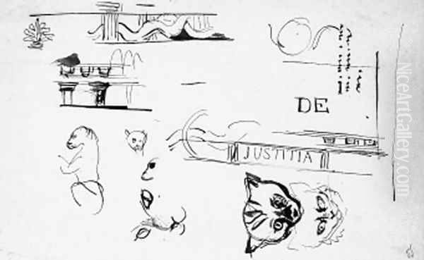 A sheet of studies of the heads of cats, architectural motifs and after the antique decoration for the Chambre de Deputes, Paris Oil Painting by Eugene Delacroix