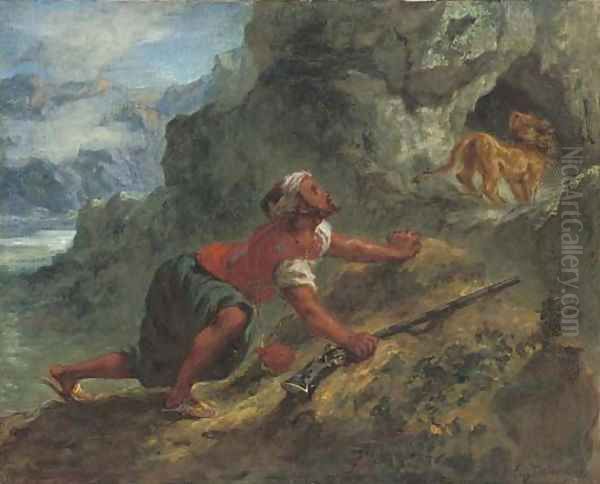 Arab stalking a lion Oil Painting by Eugene Delacroix