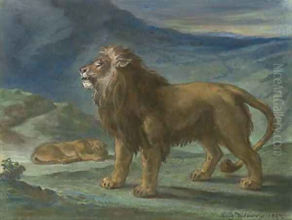 Lion et lionne dans les montagnes Oil Painting by Eugene Delacroix