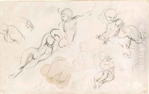 Studies of putti and a female nude Oil Painting by Eugene Delacroix