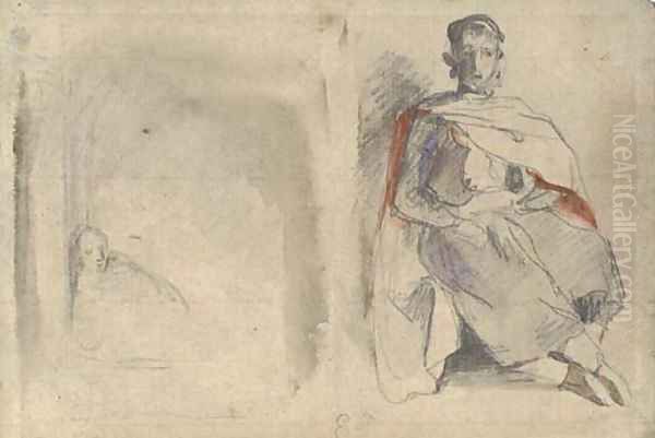 Study of a seated man in oriental dress and study of a figure in a doorway Oil Painting by Eugene Delacroix