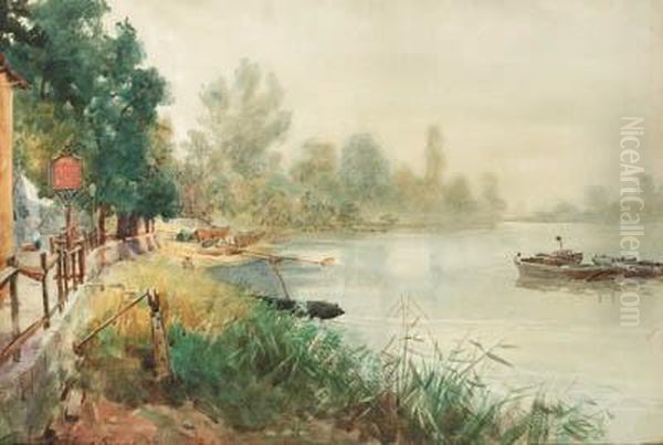 An Inn Beside A Quiet Stretch Of The River Oil Painting by Charles MacIvor or MacIver Grierson