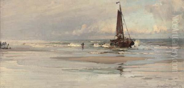 A Fishing Boat Pushing Out To Sea Oil Painting by Hamilton Macallum