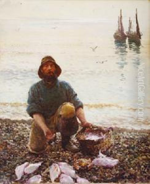 Fisherman With His Catch On The Beach Oil Painting by Hamilton Macallum