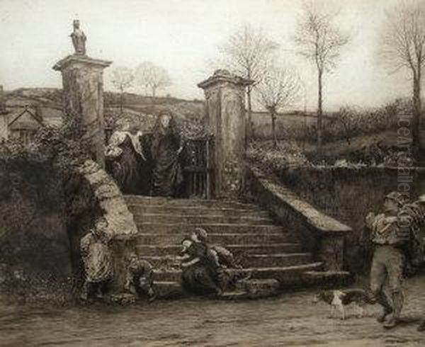 Attributed To Robert Walker 
Macbeth Ra Rws Re -- Figures Gathered Round The Steps Of A Manor, After 
Frederick Walker Ara 1840-1875; Etching, In An Oak Frame, 59x73cm Oil Painting by Robert Walker Macbeth