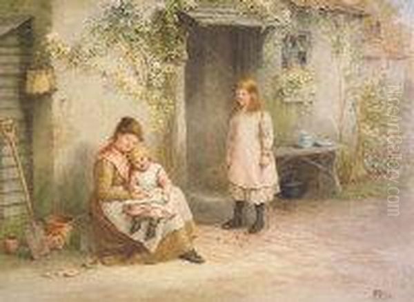 Mother And Children Outside Cottage Oil Painting by Samuel McCloy