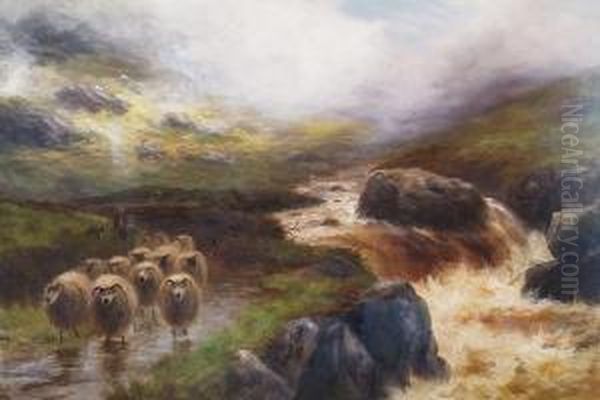 Shepherd And Flock By A Highland Stream Oil Painting by John Blake Macdonald