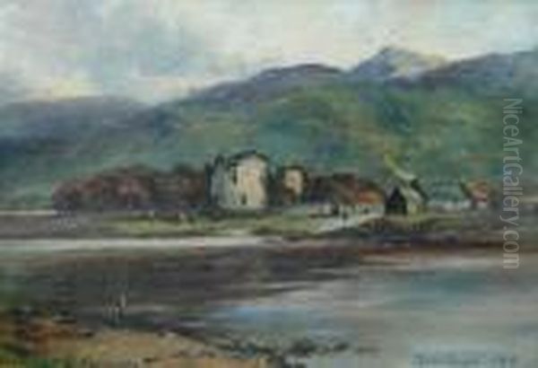 Castle And Cottages Before A River Oil Painting by John Blake Macdonald