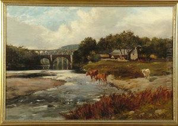 A River Scene With Cattle In The Foreground, A Farm And Two Bridges In The Distance Oil Painting by John Blake Macdonald