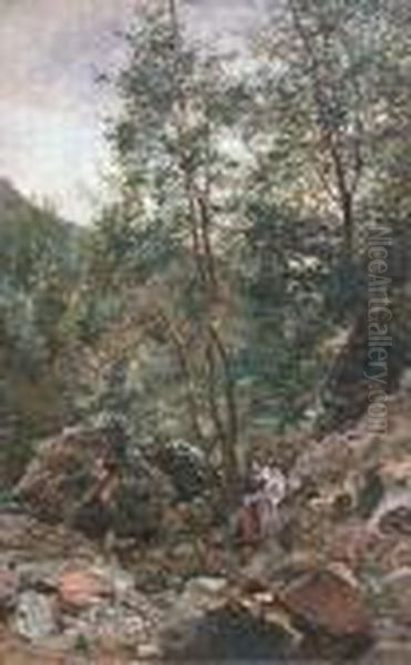 Figures By A Woodland Stream Oil Painting by John Blake Macdonald