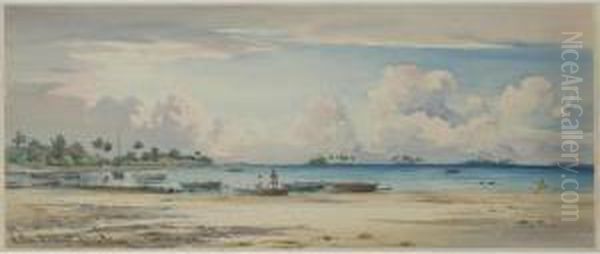 Sky Effect?over The Lagoon. Pearling Canoes, Puamotus Oil Painting by William Alister Macdonald