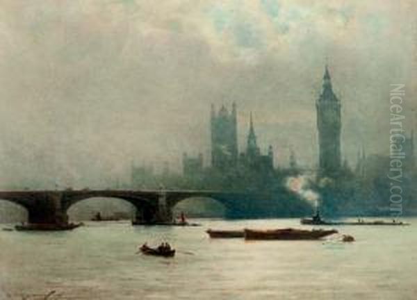 The Houses Of Parliament In The Early Morning Mist (illustrated); And London Bridge Oil Painting by William Alister Macdonald