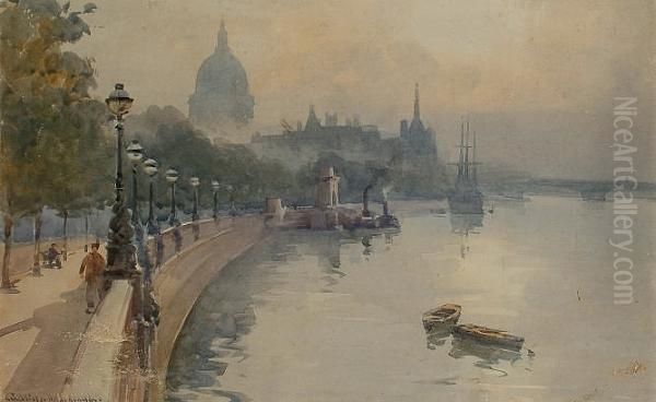 The Embankment; Westminster From The Thames Oil Painting by William Alister Macdonald