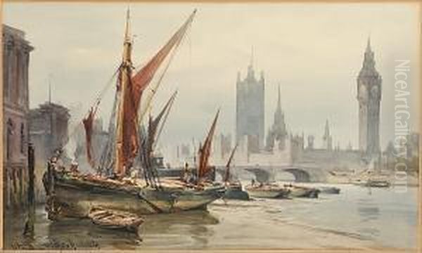 The Thames At Westminster Bridge; The Thames At Bankside, Two Oil Painting by William Alister Macdonald