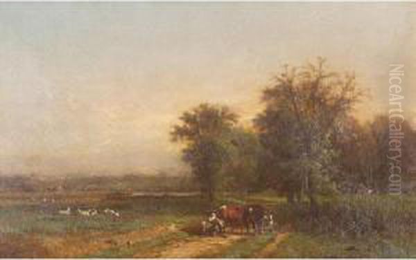 Cattle And Sheep In A Landscape Oil Painting by James McDougal Hart